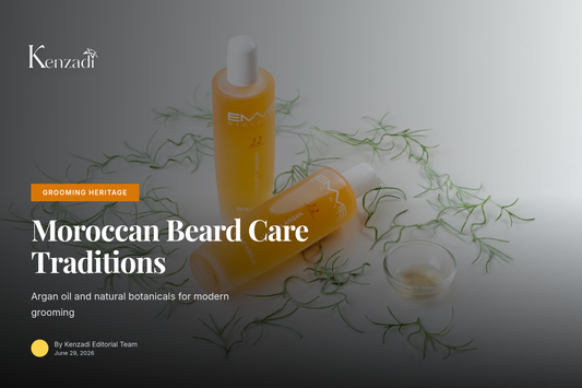 Traditional Moroccan argan oil and natural ingredients for beard care displayed on textured surface