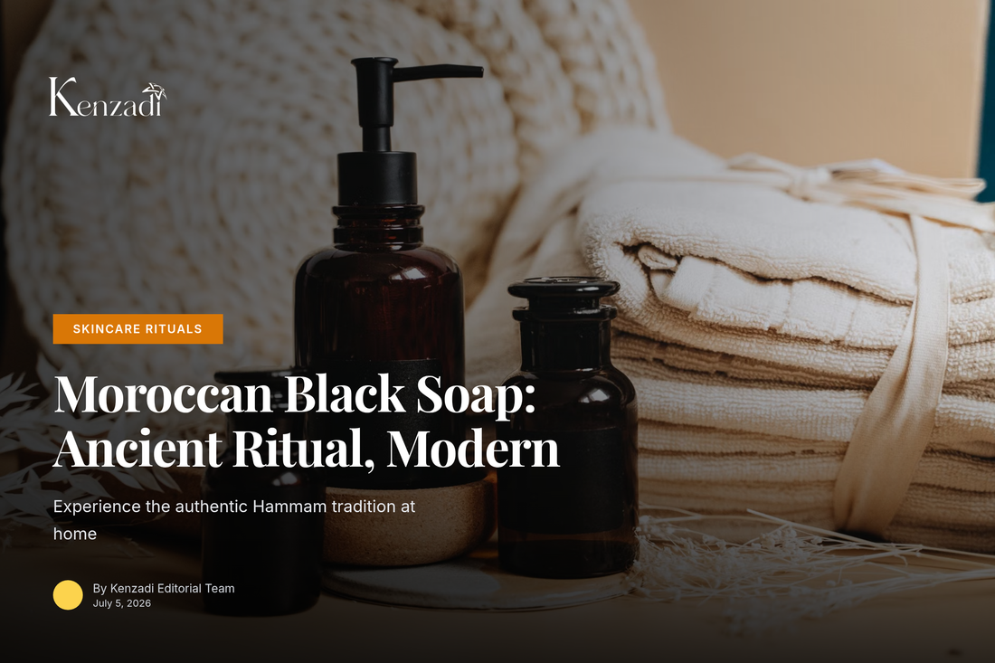 Moroccan black soap with argan oil and verbena in a traditional bowl, kessa glove, and fresh verbena leaves.