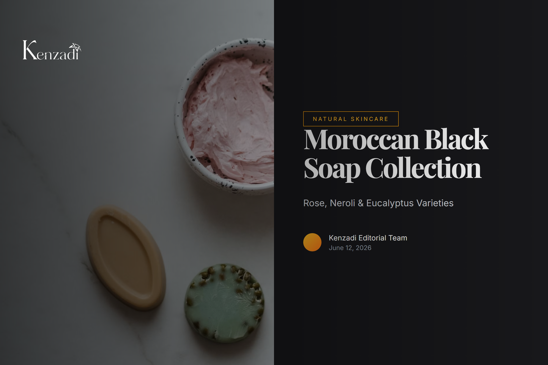 Three jars of Moroccan black soap in Rose, Neroli, and Eucalyptus fragrances with olive branches and rose petals