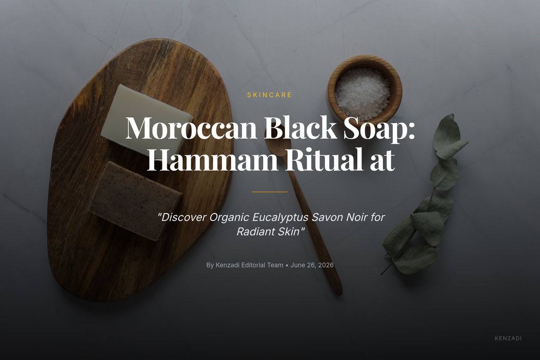 Close-up of a dark, gel-like Moroccan Black Soap (Savon Noir) with eucalyptus leaves beside it, evoking a spa