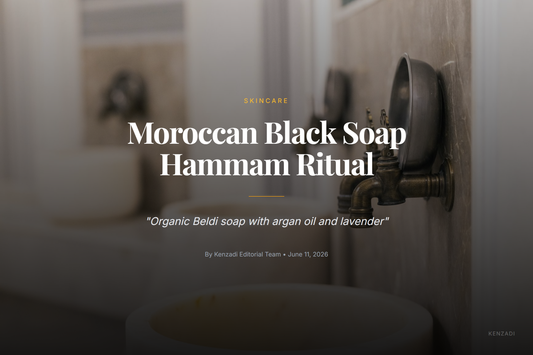 A jar of dark Moroccan black soap paste with argan oil and lavender, alongside a traditional kessa exfoliating