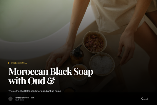 A luxurious scoop of dark Moroccan Black Soap paste in a ceramic bowl, with dried lavender and a