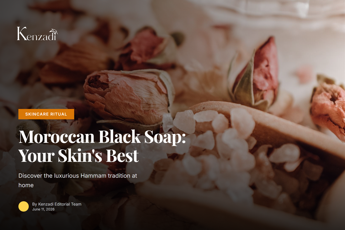 A jar of Argan'It Organic Moroccan Black Soap with Argan & Rose, Kessa glove, and rose petals on