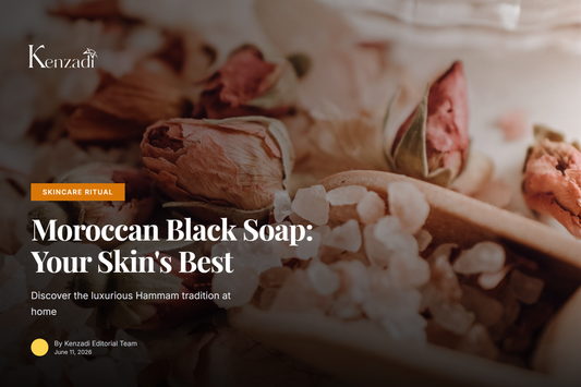 A jar of Argan'It Organic Moroccan Black Soap with Argan & Rose, Kessa glove, and rose petals on