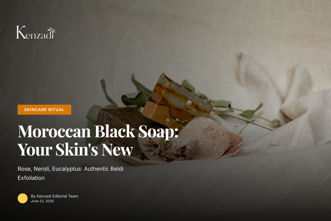 Close-up of Moroccan Black Soap in a clay bowl with rose petals, eucalyptus leaves, and orange blossoms nearby