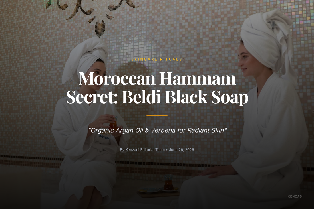 Close-up of black soap in a traditional Moroccan bowl with fresh verbena leaves and a kessa glove