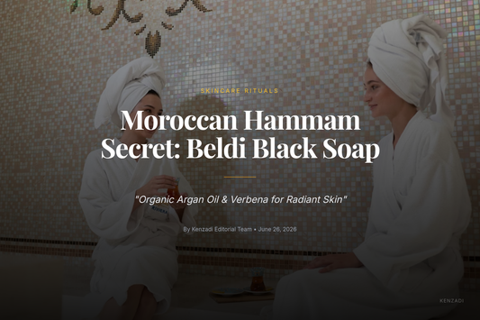 Close-up of black soap in a traditional Moroccan bowl with fresh verbena leaves and a kessa glove