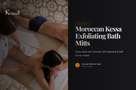 Two authentic Moroccan Kessa exfoliating bath mitts made from Arganit viscose, resting on a wet tile floor in