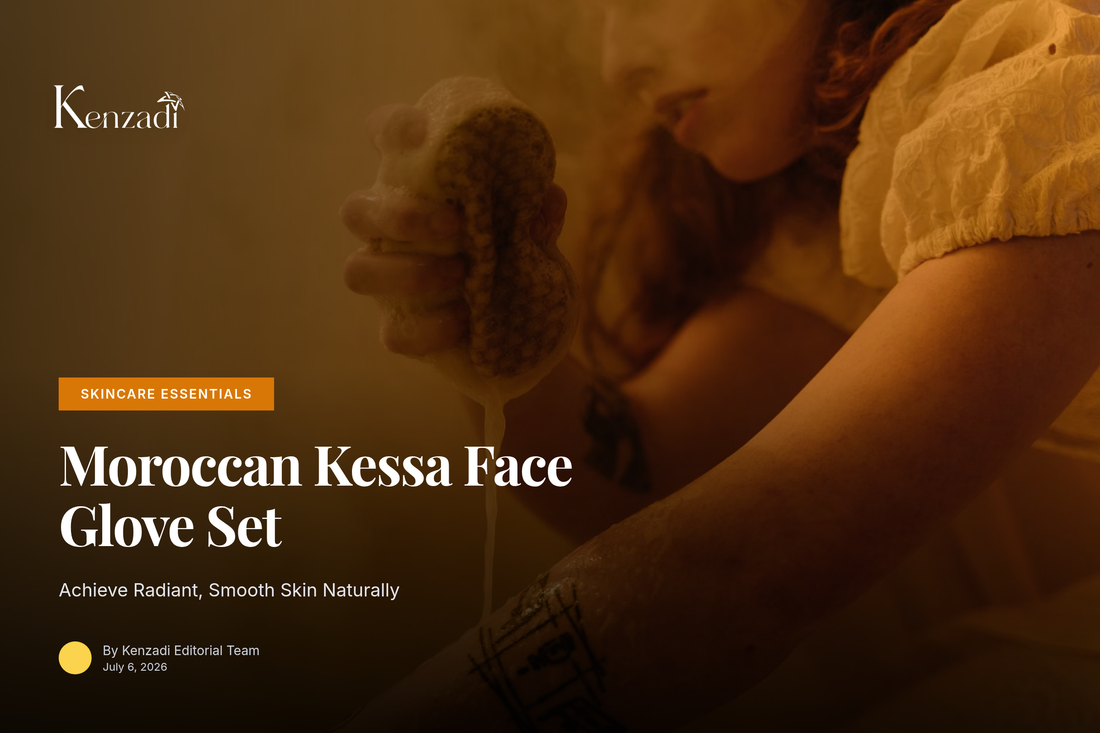 Close-up of a Moroccan Kessa exfoliating face glove on clean, smooth skin, with water droplets.