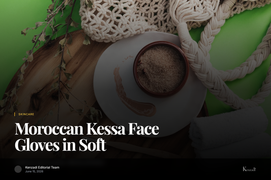 Set of two Moroccan Kessa face exfoliating gloves in neutral tones on marble surface