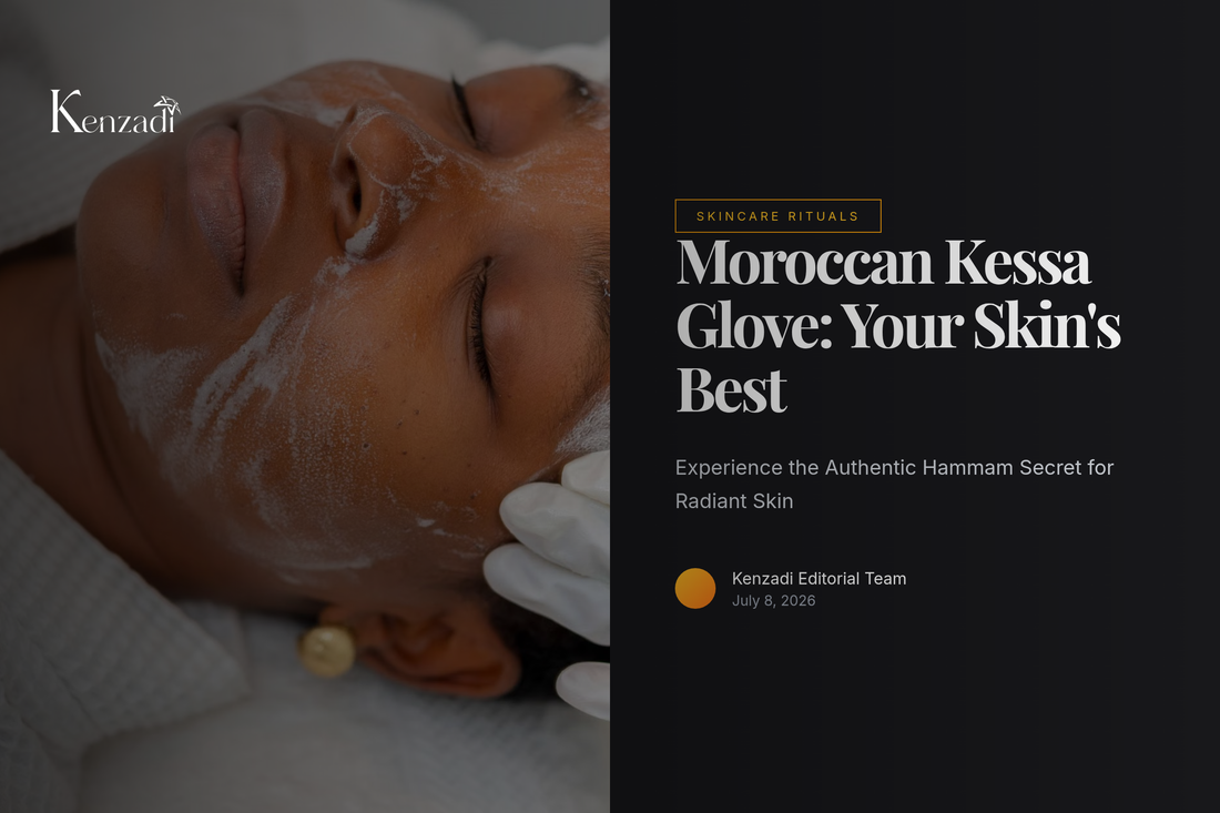 Two Moroccan Kessa exfoliating gloves in different colors (garnet, light green) with a small bowl of Argan oil