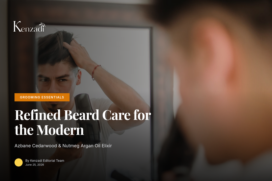 Man with a well-groomed beard applying Azbane Cedarwood & Nutmeg beard oil in a sophisticated, naturally lit bathroom.