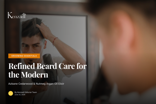 Man with a well-groomed beard applying Azbane Cedarwood & Nutmeg beard oil in a sophisticated, naturally lit bathroom.