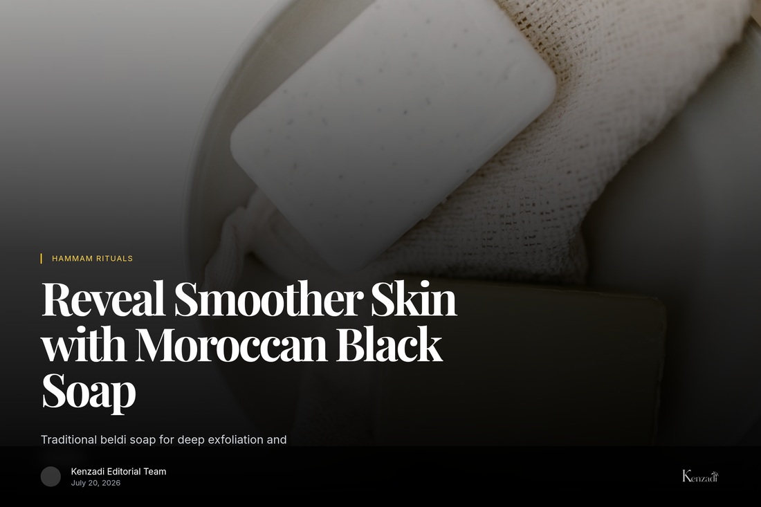 Moroccan black soap with rose, neroli, and eucalyptus for exfoliation displayed in a hammam setting