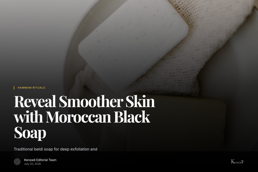 Moroccan black soap with rose, neroli, and eucalyptus for exfoliation displayed in a hammam setting