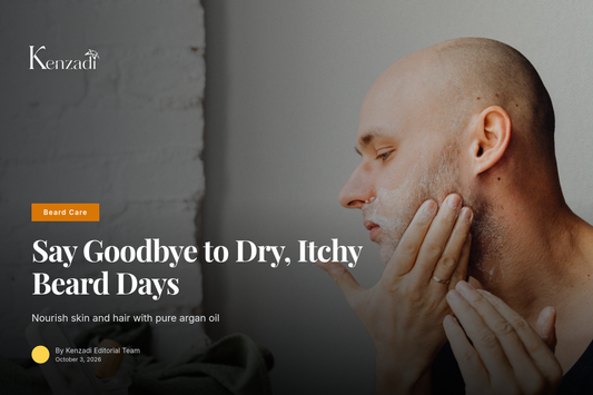 Bottle of Azbane Premium Argan-Based Cedarwood and Nutmeg Beard Oil next to a groomed beard