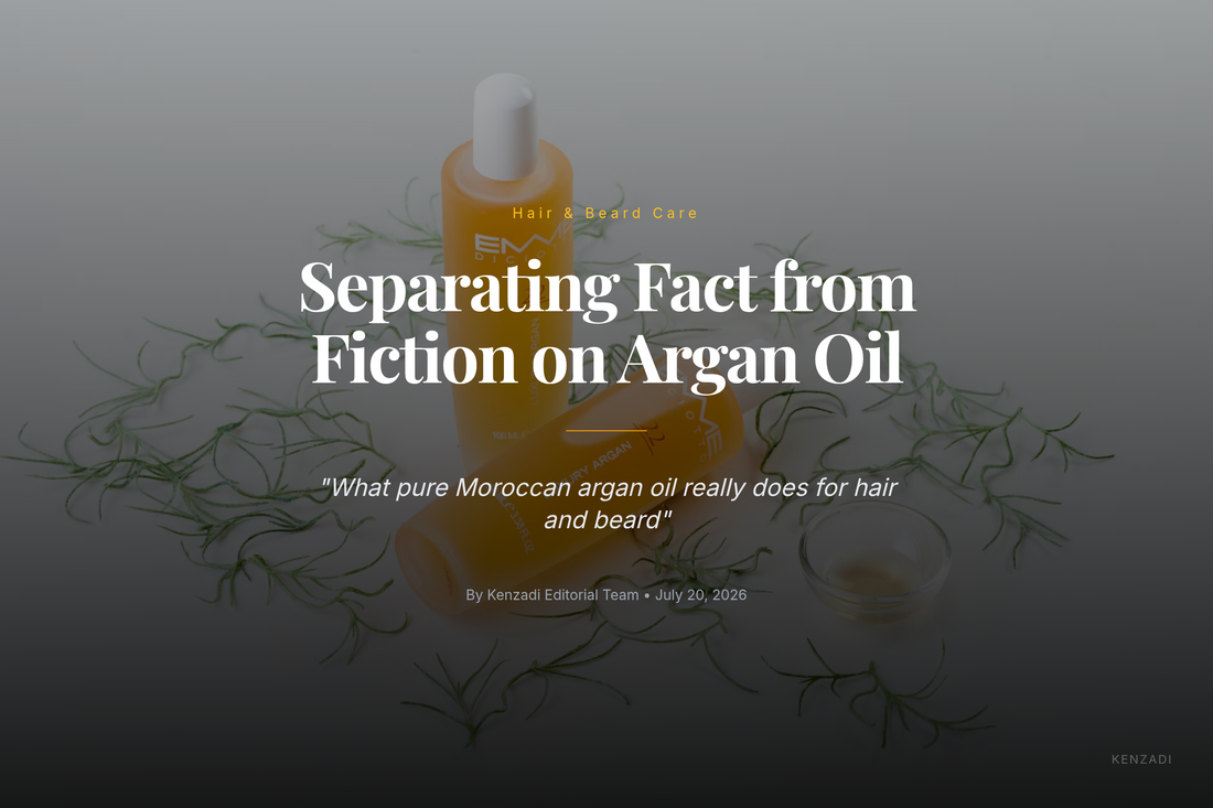Bottle of KENZADI Premium Moroccan Argan Oil for hair and beard treatment on a wooden surface
