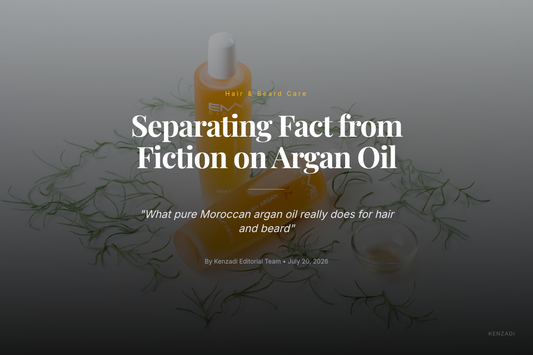 Bottle of KENZADI Premium Moroccan Argan Oil for hair and beard treatment on a wooden surface