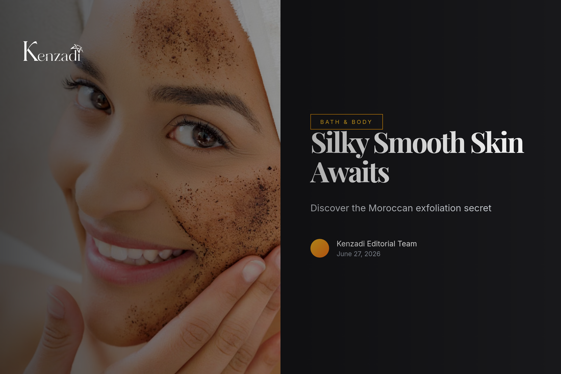 Hands holding a beige exfoliating mitt against soft glowing skin background