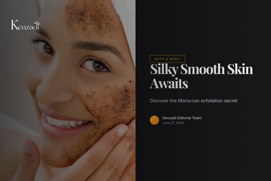Hands holding a beige exfoliating mitt against soft glowing skin background