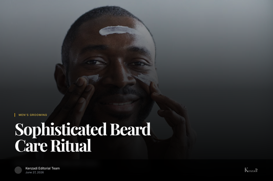 Close-up of a man applying beard oil to his well-groomed beard, with a bottle of Azbane Vanilla &