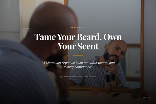 Tin of Tobacco and Patchouli scented beard balm with Moroccan Argan oil beside a groomed beard