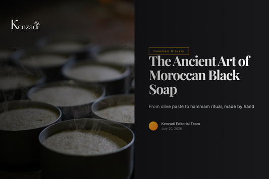 Jar of Argan'It Organic Moroccan Black Soap with Argan Oil and Lavender next to hammam accessories