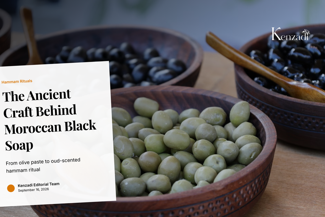 Jar of Argan'It Organic Moroccan Black Soap with Oud beside traditional hammam accessories