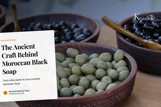 Jar of Argan'It Organic Moroccan Black Soap with Oud beside traditional hammam accessories