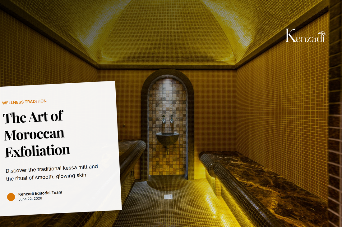 A traditional Moroccan kessa exfoliating glove resting on a stack of white towels in a serene hammam-like setting