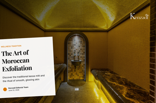 A traditional Moroccan kessa exfoliating glove resting on a stack of white towels in a serene hammam-like setting