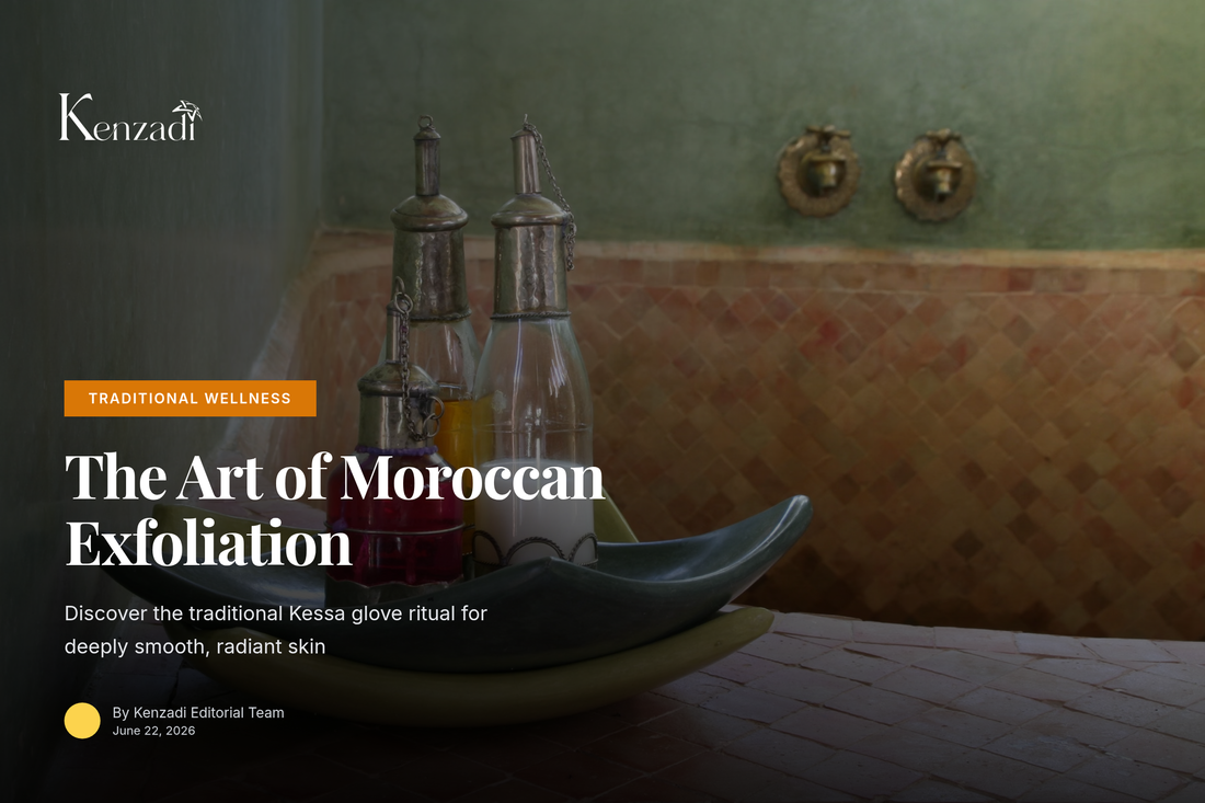 A traditional Moroccan Kessa exfoliating glove resting on a stack of white hammam towels with dried olive branches
