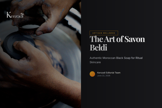 A artisan's hands holding a ceramic bowl of soft, dark Moroccan Black Soap paste, with a wooden spatula