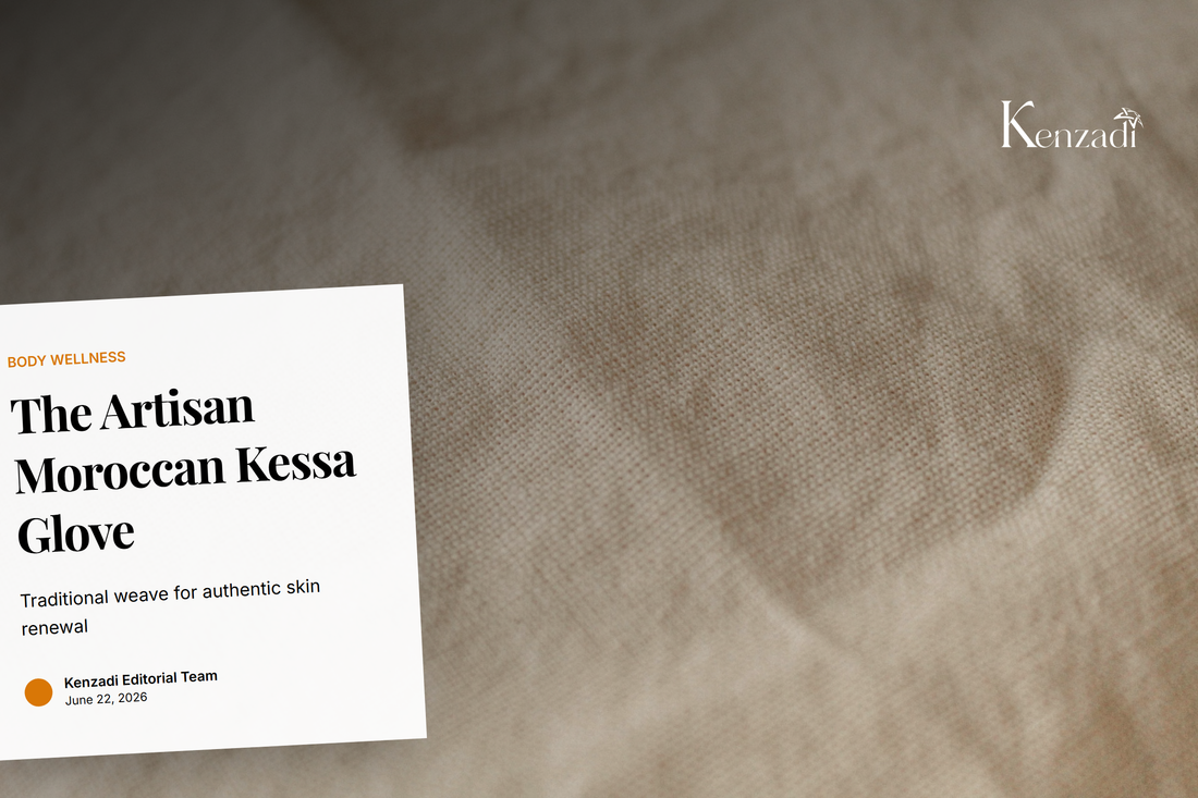 A traditionally woven Moroccan Kessa exfoliating glove resting on a stack of clean white towels in a serene