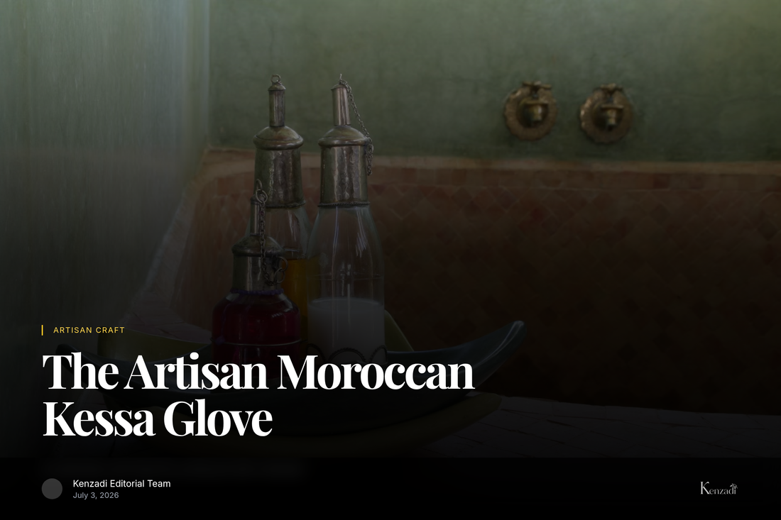 A traditionally woven Moroccan Kessa exfoliating glove resting on a textured hammam towel with dried olive soap