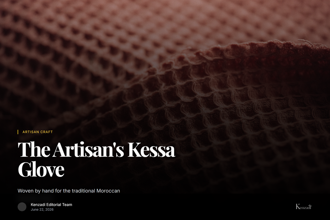 A close-up of a traditional woven Moroccan Kessa exfoliating glove resting on a textured hammam towel, with a