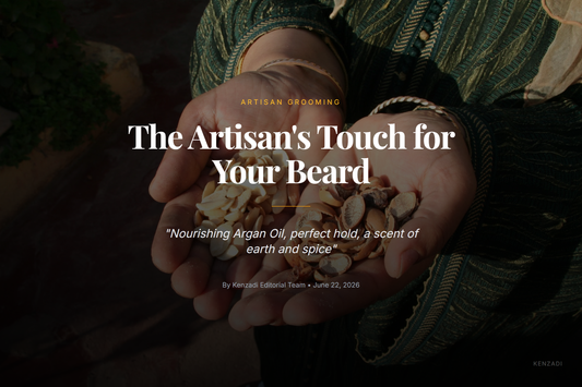 A wooden scoop next to a jar of Azbane Tobacco & Patchouli beard balm, with Argan nuts and