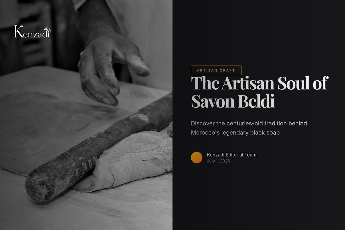 An artisan's hands holding a traditional clay pot filled with dark Moroccan black soap paste, with olives and