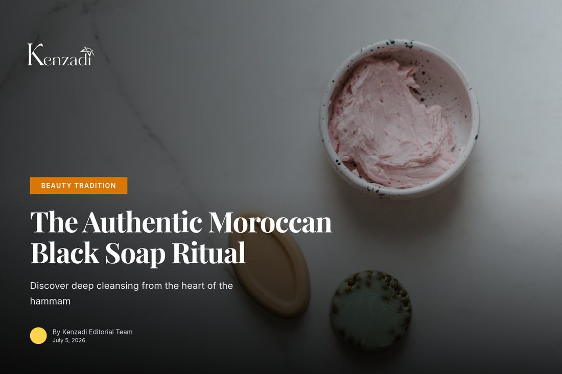 A traditional bowl of dark Moroccan black soap paste next to an exfoliating Kessa glove on a textured