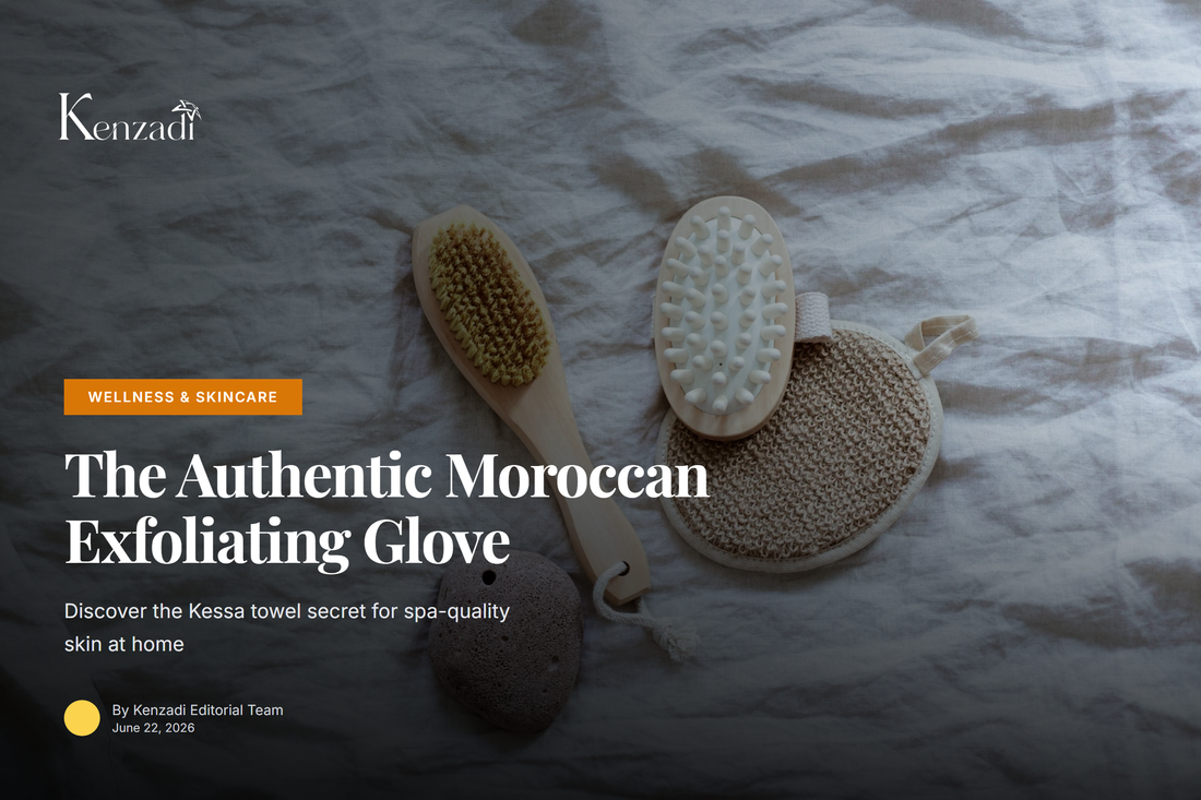 A traditional Moroccan Kessa exfoliating glove resting on a textured white towel with dried lavender, showcasing its woven