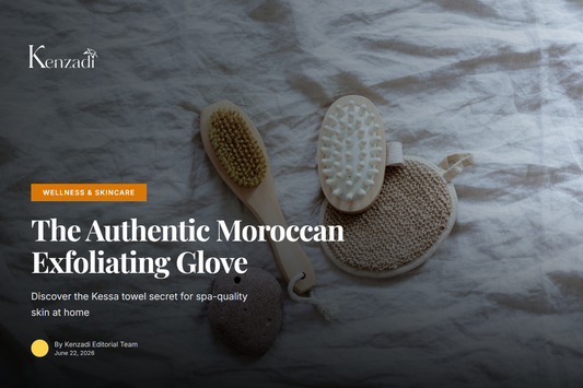 A traditional Moroccan Kessa exfoliating glove resting on a textured white towel with dried lavender, showcasing its woven
