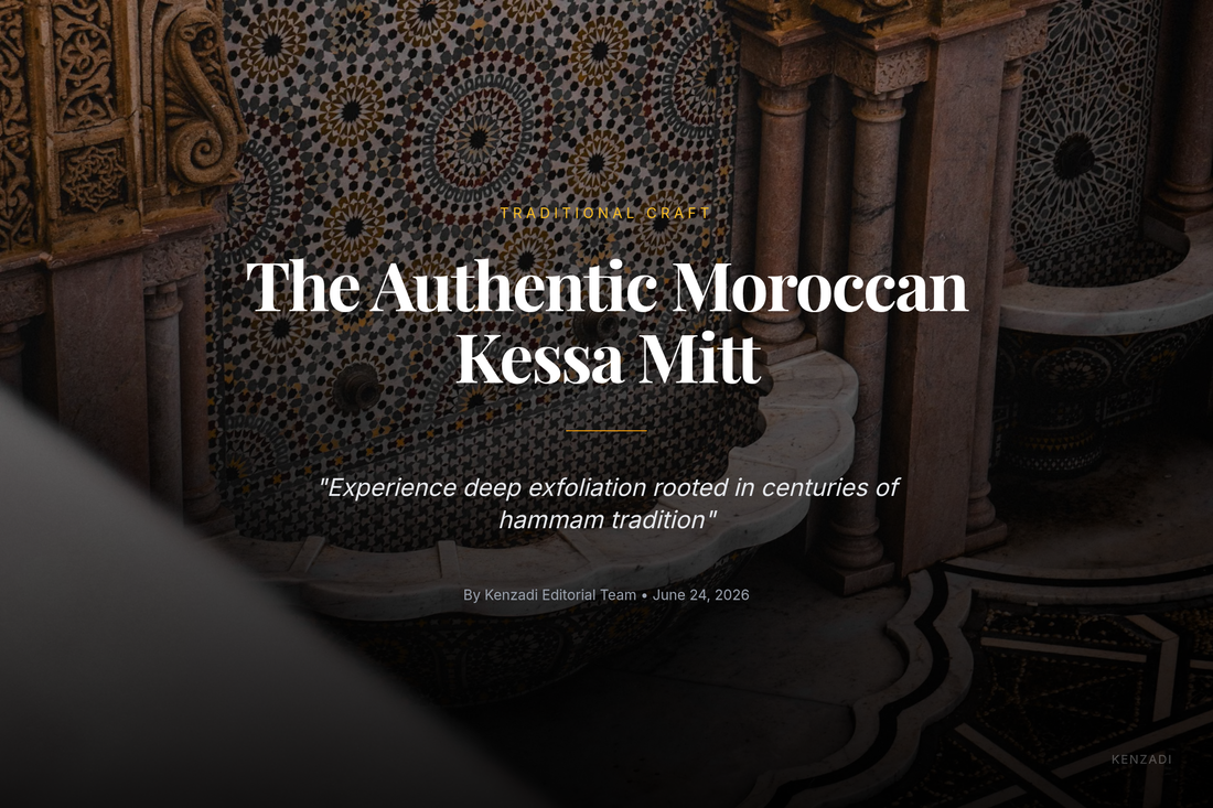A traditional Moroccan kessa exfoliating mitt resting on a stack of white towels with eucalyptus leaves in a