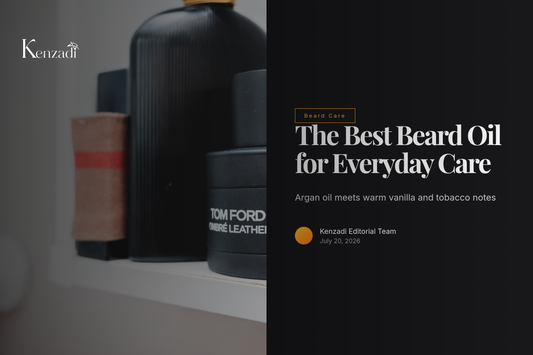 Bottle of Vanilla & Tobacco Scented Beard Oil with argan oil base on a wooden surface