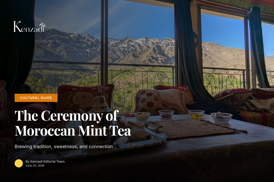 A person's hands pouring steaming Moroccan mint tea from a traditional brass teapot into an ornate glass on