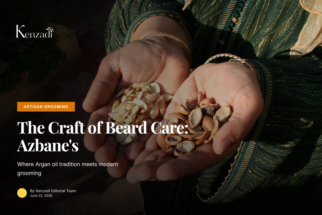 Close-up of hands holding a jar of Azbane beard balm next to Argan nuts and a traditional Moroccan