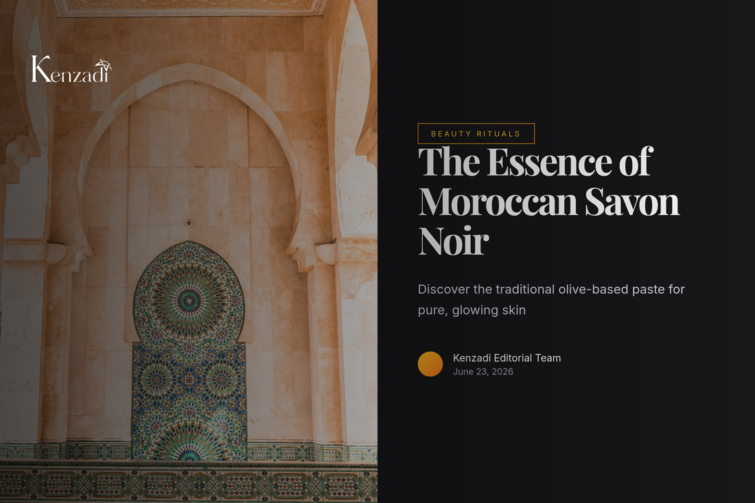 A traditional Moroccan hammam setting with a jar of dark black soap, a kessa exfoliating glove, and copper