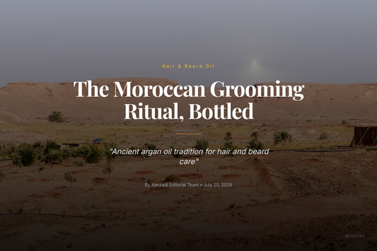 Bottle of KENZADI Premium Moroccan Argan Oil hair and beard treatment on a wooden surface