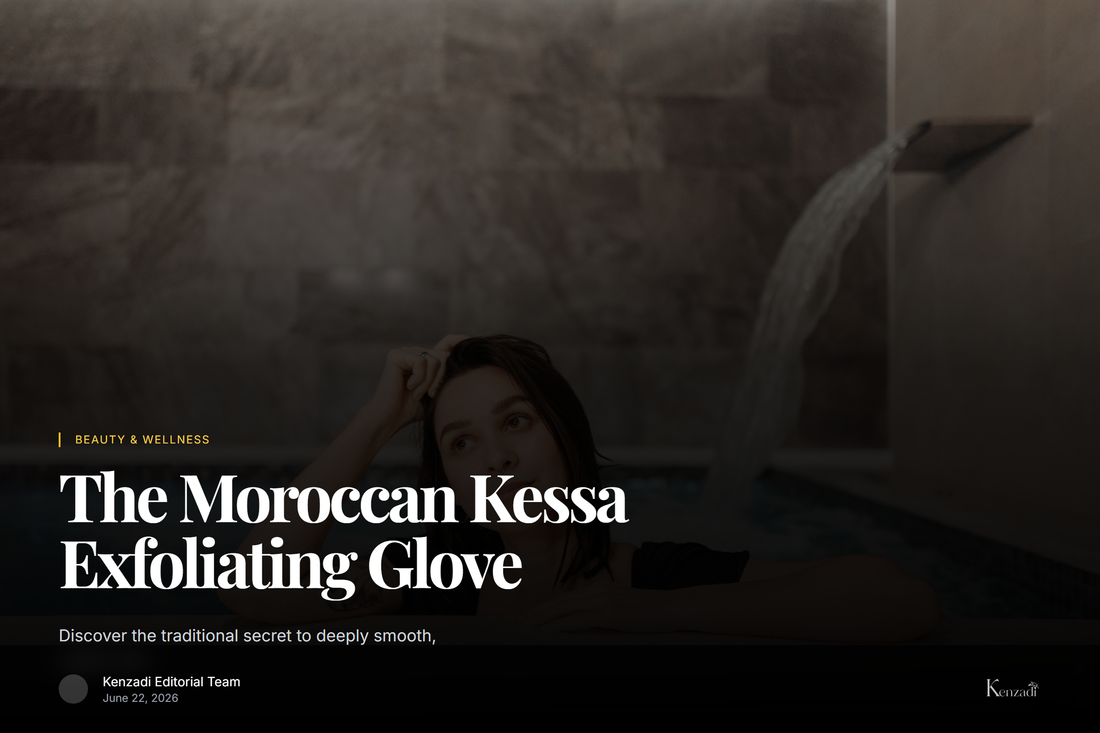 A traditional Moroccan Kessa exfoliating glove resting on a textured stone surface with dried lavender and a bottle