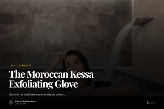 A traditional Moroccan Kessa exfoliating glove resting on a textured stone surface with dried lavender and a bottle