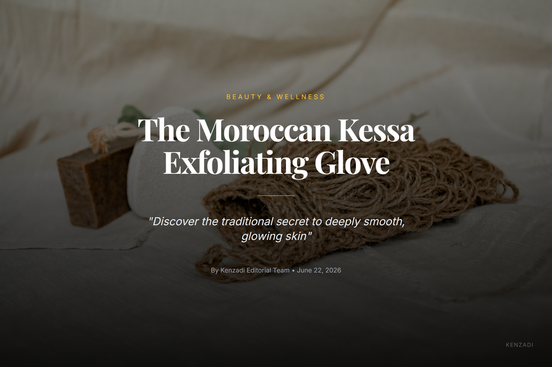 A set of two traditional Moroccan Kessa exfoliating gloves in different colors, resting on a textured towel with
